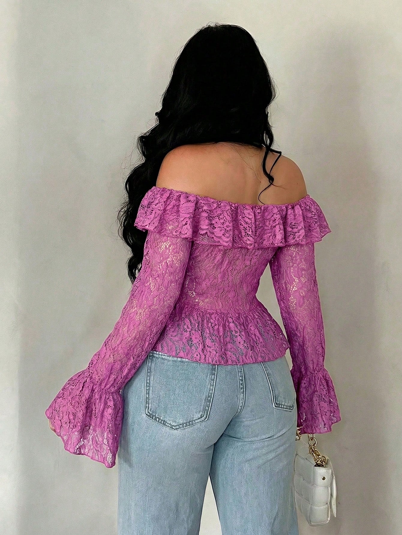 SXY Vacation Casual Open Front Ruffle Trim Off-Shoulder Long Sleeve Sheer Lace Top For Women, Spring Summer