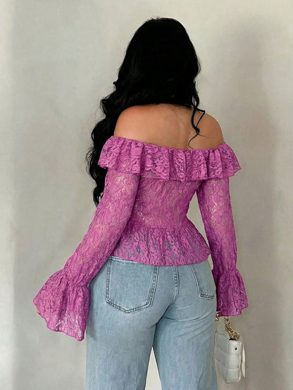 SXY Vacation Casual Open Front Ruffle Trim Off-Shoulder Long Sleeve Sheer Lace Top For Women, Spring Summer