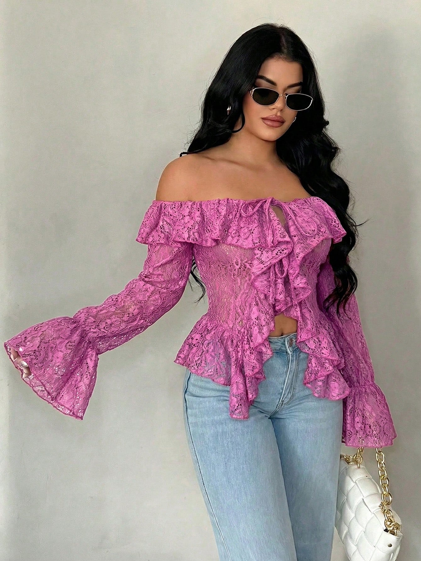 SXY Vacation Casual Open Front Ruffle Trim Off-Shoulder Long Sleeve Sheer Lace Top For Women, Spring Summer