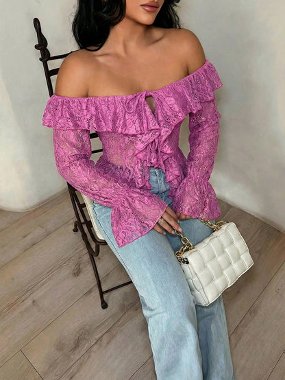 SXY Vacation Casual Open Front Ruffle Trim Off-Shoulder Long Sleeve Sheer Lace Top For Women, Spring Summer