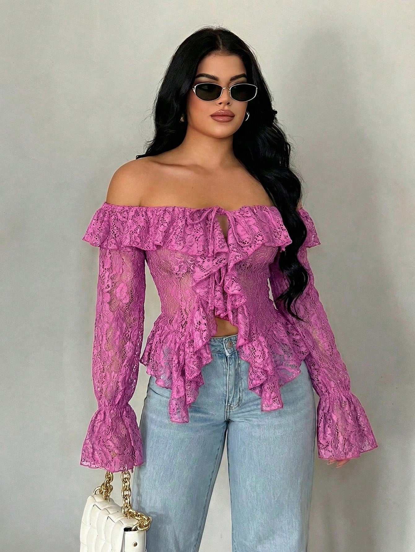 SXY Vacation Casual Open Front Ruffle Trim Off-Shoulder Long Sleeve Sheer Lace Top For Women, Spring Summer