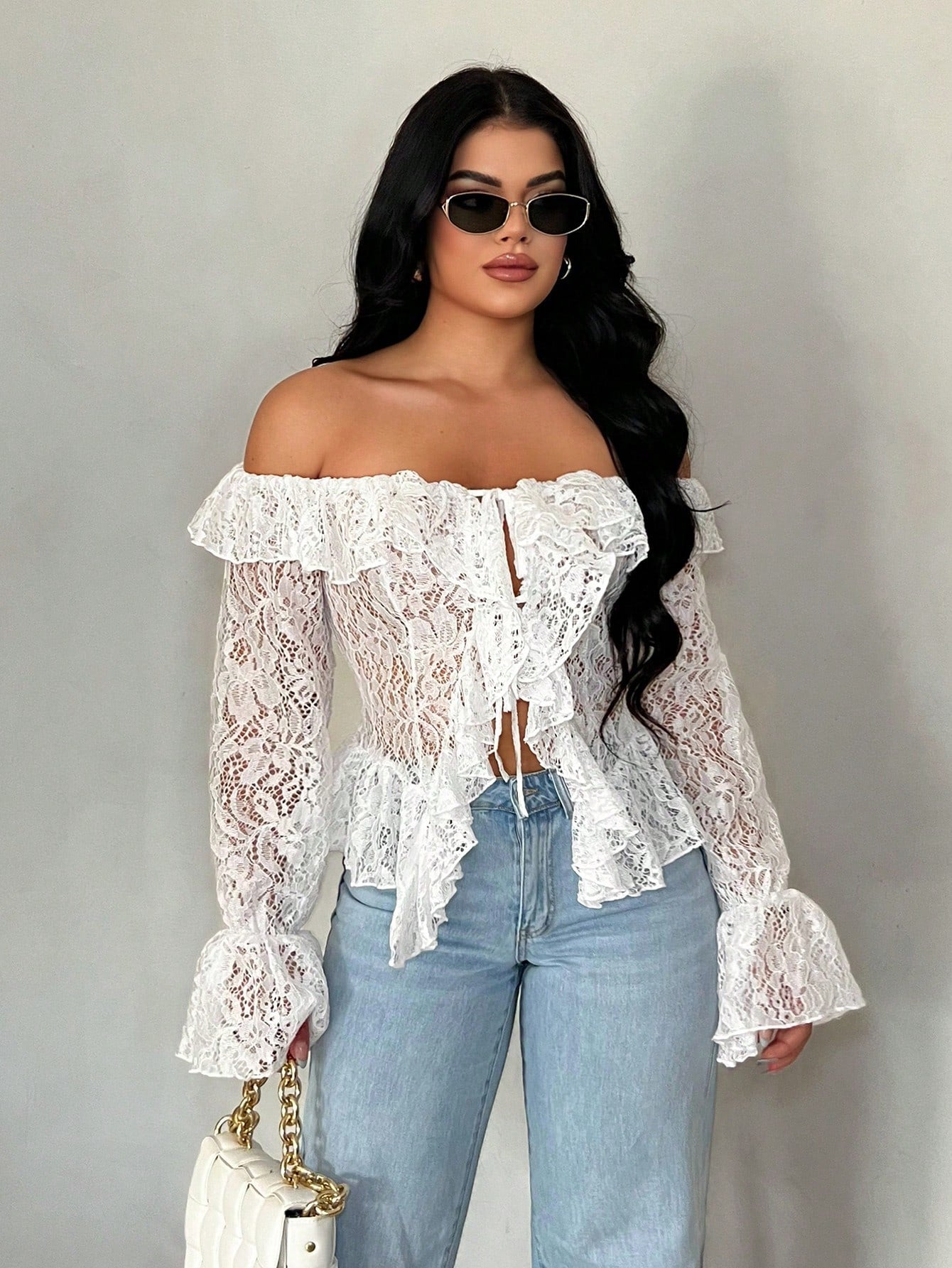 SXY Vacation Casual Open Front Ruffle Trim Off-Shoulder Long Sleeve Sheer Lace Top For Women, Spring Summer
