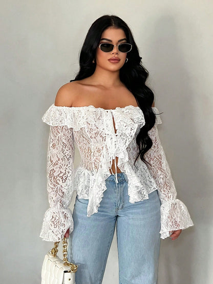 SXY Vacation Casual Open Front Ruffle Trim Off-Shoulder Long Sleeve Sheer Lace Top For Women, Spring Summer