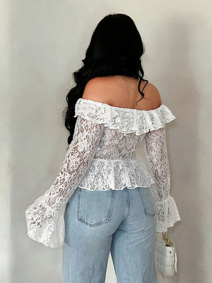 SXY Vacation Casual Open Front Ruffle Trim Off-Shoulder Long Sleeve Sheer Lace Top For Women, Spring Summer