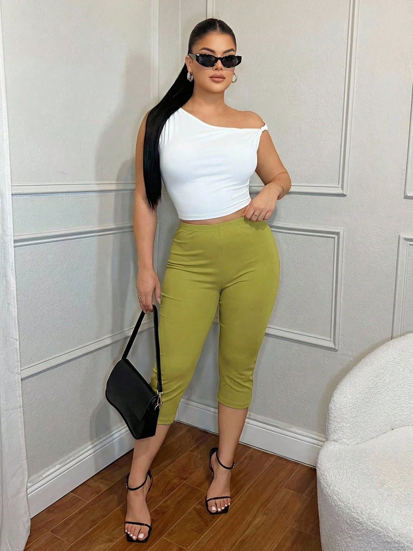 SXY Women's Solid Color High Waist Casual Versatile Daily Wear Skinny Split Hem Cropped Leggings Women Green Women Outfits Capris