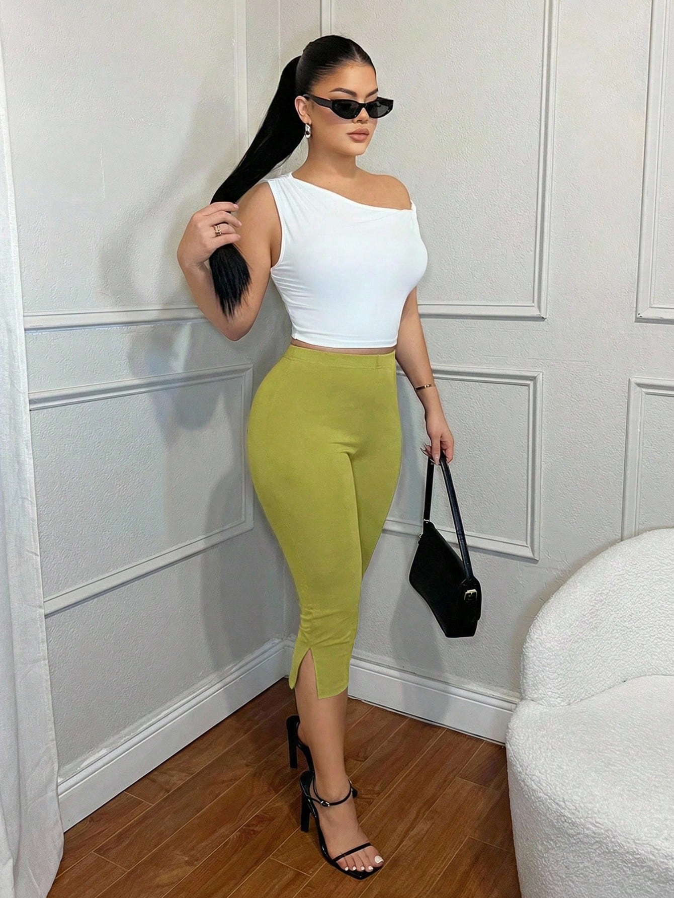 SXY Women's Solid Color High Waist Casual Versatile Daily Wear Skinny Split Hem Cropped Leggings Women Green Women Outfits Capris