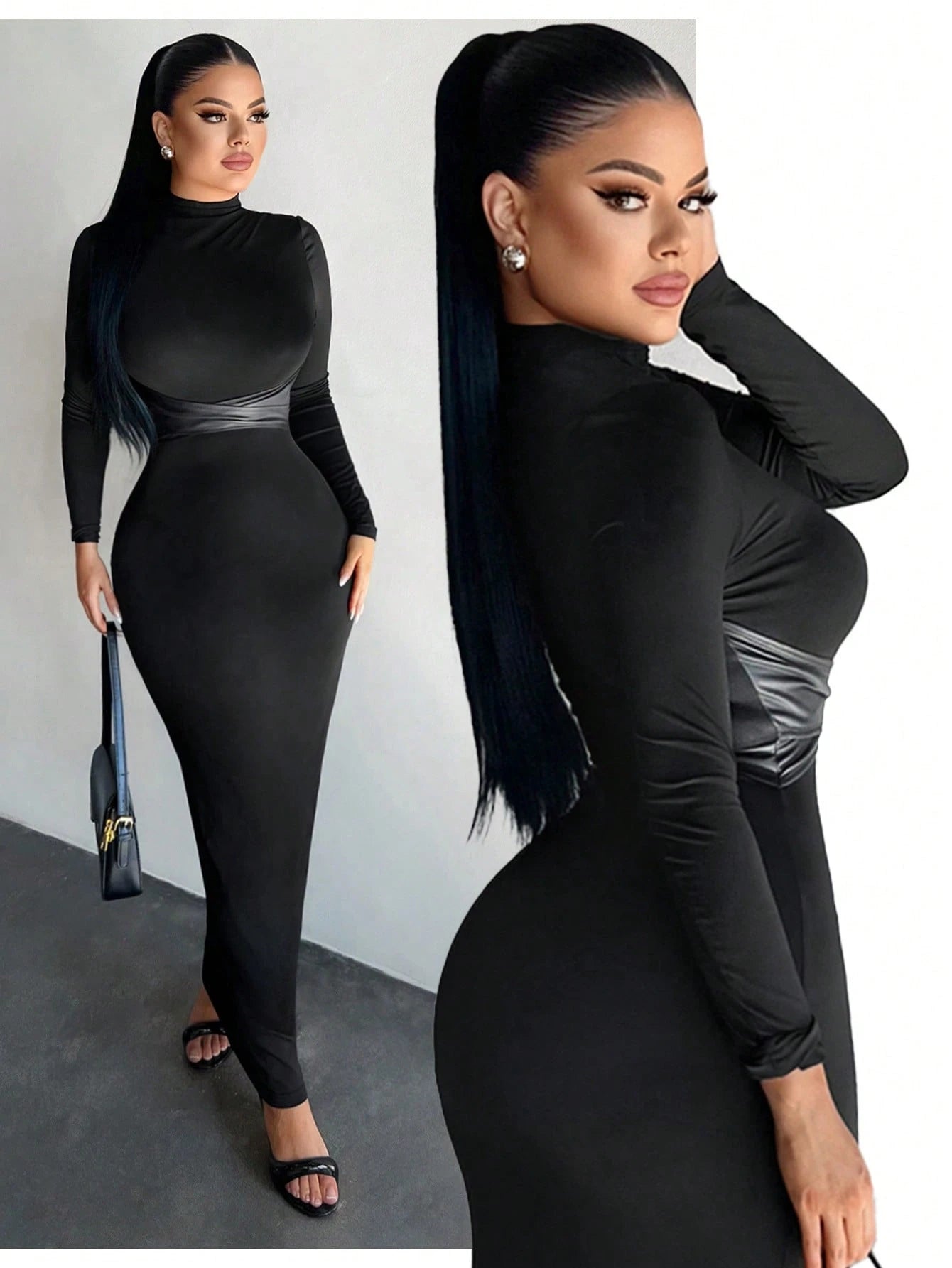 SXY Women's Stand Collar Long Sleeve Criss-Cross Slim Bodycon Dress,Black Autumn Elegant Sexy Party Night Curve High Stretch Long Tight Vacation Dress
