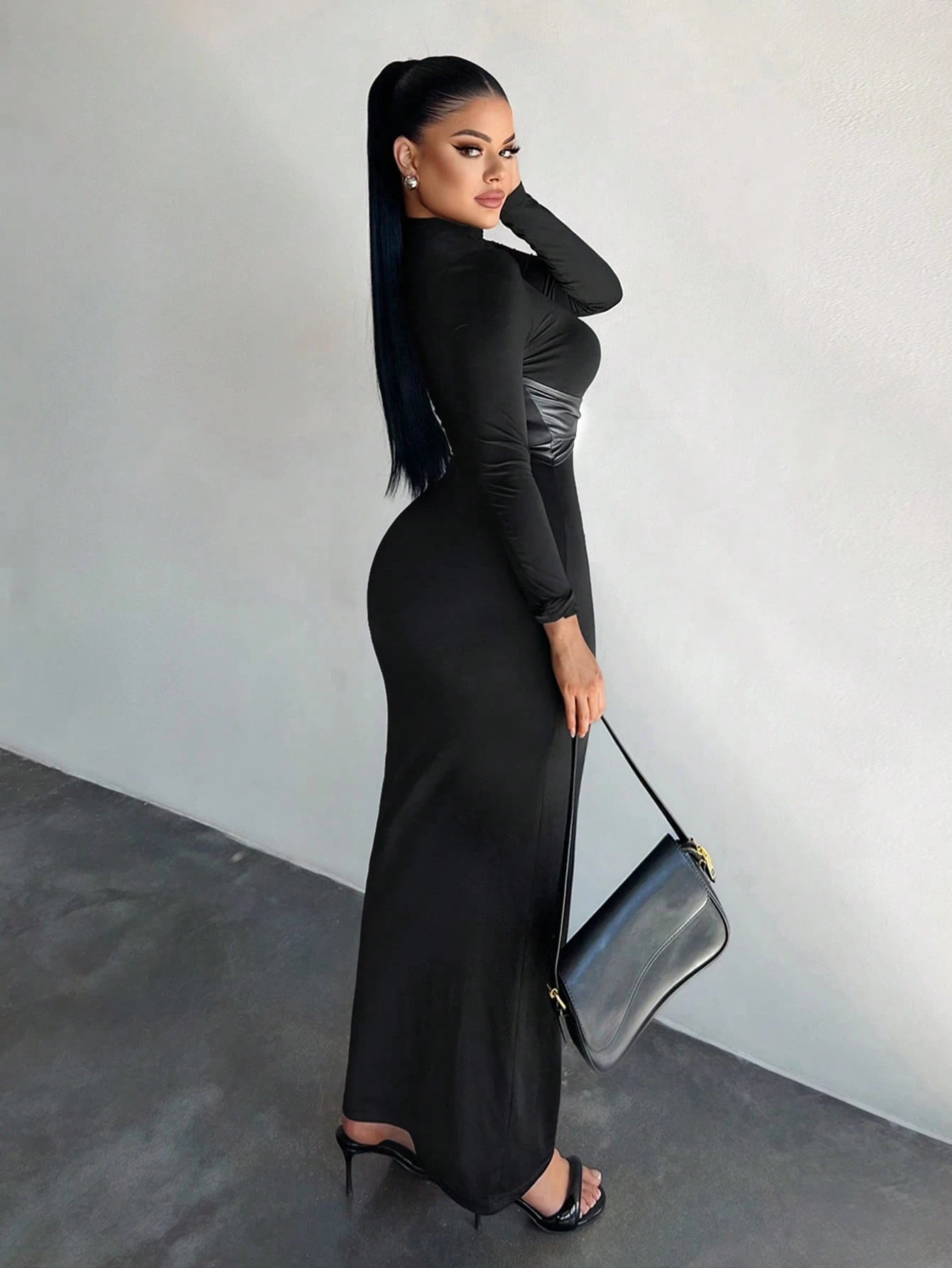 SXY Women's Stand Collar Long Sleeve Criss-Cross Slim Bodycon Dress,Black Autumn Elegant Sexy Party Night Curve High Stretch Long Tight Vacation Dress