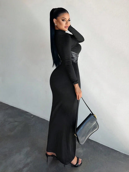 SXY Women's Stand Collar Long Sleeve Criss-Cross Slim Bodycon Dress,Black Autumn Elegant Sexy Party Night Curve High Stretch Long Tight Vacation Dress