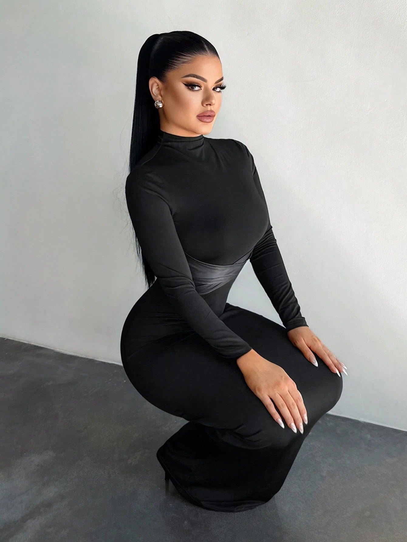SXY Women's Stand Collar Long Sleeve Criss-Cross Slim Bodycon Dress,Black Autumn Elegant Sexy Party Night Curve High Stretch Long Tight Vacation Dress