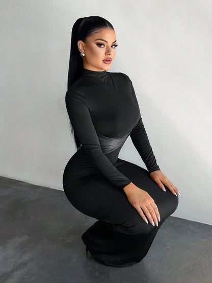 SXY Women's Stand Collar Long Sleeve Criss-Cross Slim Bodycon Dress,Black Autumn Elegant Sexy Party Night Curve High Stretch Long Tight Vacation Dress