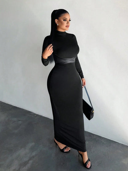 SXY Women's Stand Collar Long Sleeve Criss-Cross Slim Bodycon Dress,Black Autumn Elegant Sexy Party Night Curve High Stretch Long Tight Vacation Dress