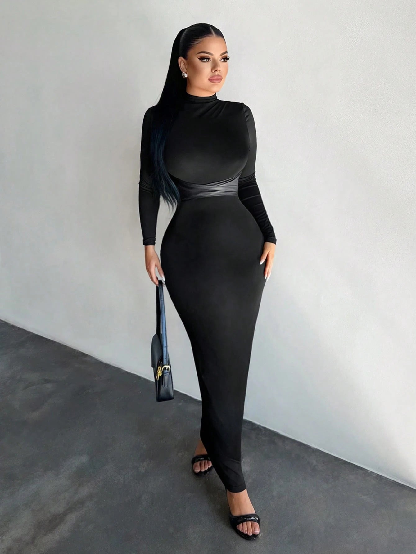 SXY Women's Stand Collar Long Sleeve Criss-Cross Slim Bodycon Dress,Black Autumn Elegant Sexy Party Night Curve High Stretch Long Tight Vacation Dress