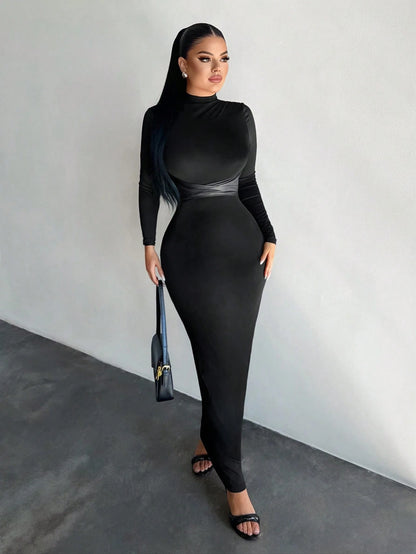 SXY Women's Stand Collar Long Sleeve Criss-Cross Slim Bodycon Dress,Black Autumn Elegant Sexy Party Night Curve High Stretch Long Tight Vacation Dress