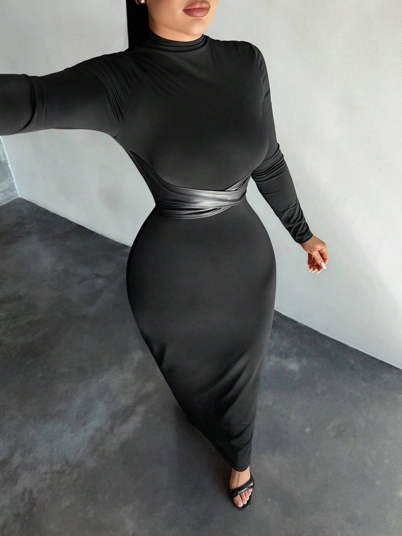 SXY Women's Stand Collar Long Sleeve Criss-Cross Slim Bodycon Dress,Black Autumn Elegant Sexy Party Night Curve High Stretch Long Tight Vacation Dress