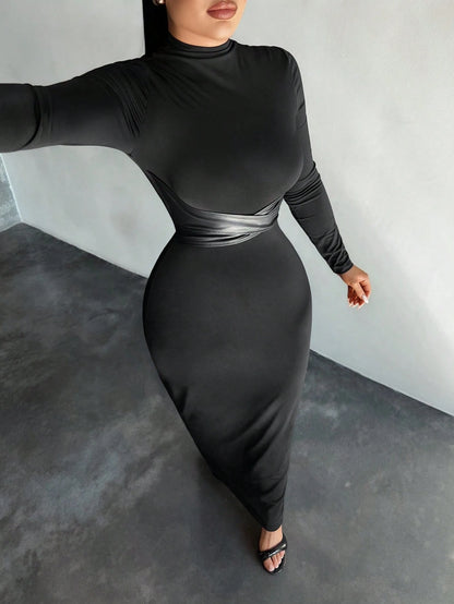 SXY Women's Stand Collar Long Sleeve Criss-Cross Slim Bodycon Dress,Black Autumn Elegant Sexy Party Night Curve High Stretch Long Tight Vacation Dress