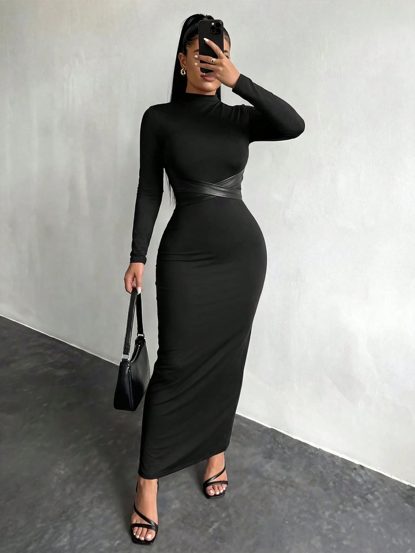 SXY Women's Stand Collar Long Sleeve Criss-Cross Slim Bodycon Dress,Black Autumn Elegant Sexy Party Night Curve High Stretch Long Tight Vacation Dress