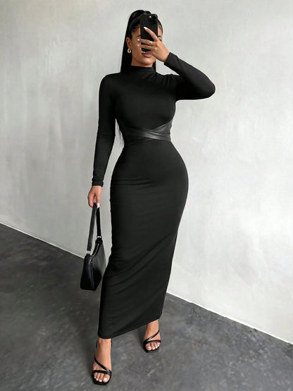 SXY Women's Stand Collar Long Sleeve Criss-Cross Slim Bodycon Dress,Black Autumn Elegant Sexy Party Night Curve High Stretch Long Tight Vacation Dress