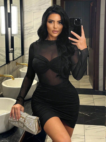 SXY Women Sexy Mesh Sheer Round Neck Long Sleeve Ruffle Mini Dress,Summer Dresses For Women