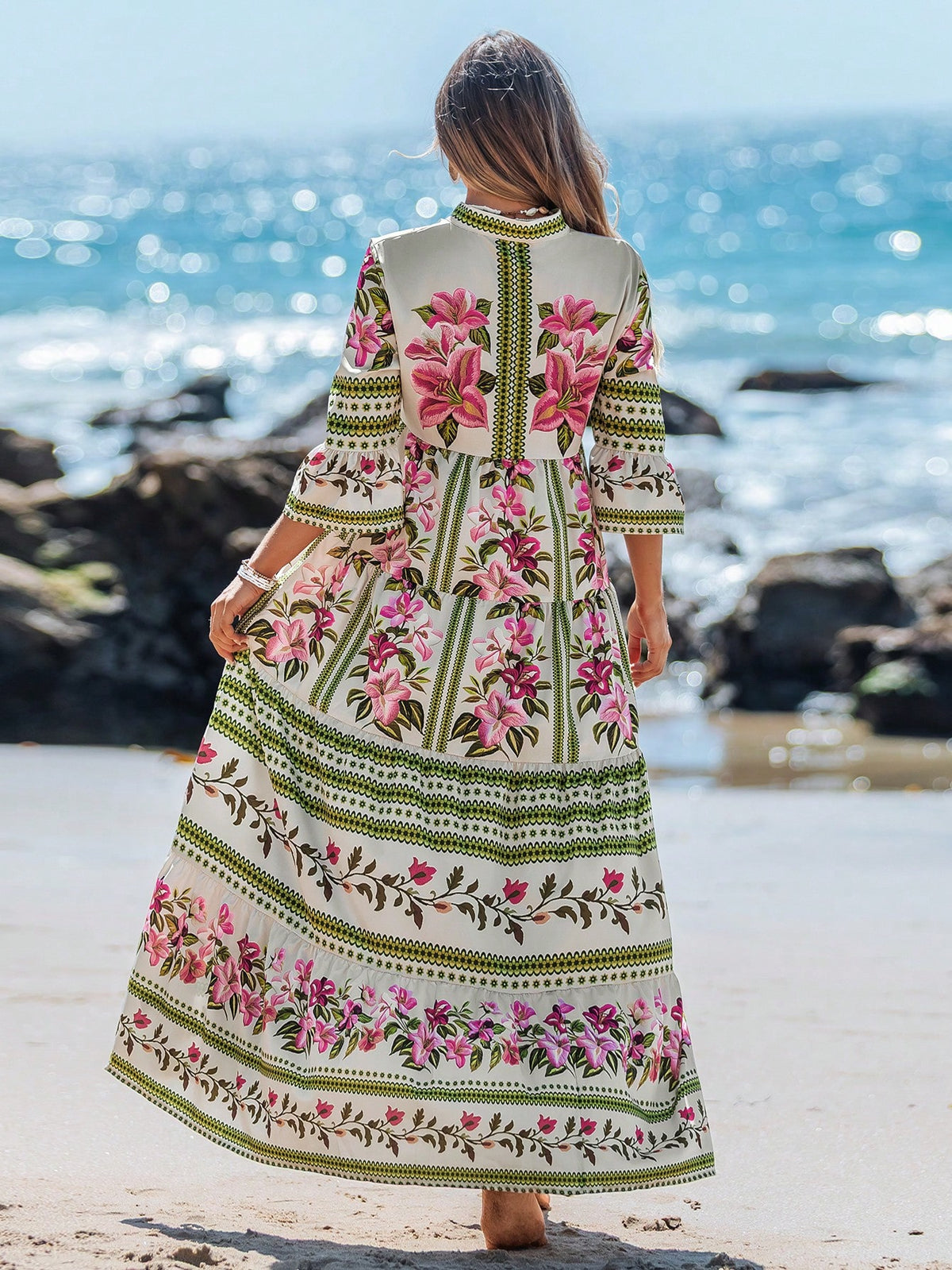 Sylviya Women's Pink Floral V-Neck Drawstring Long Sleeve Dress Summer Boho Sexy Breezy Holiday Vacation Autumn Chic Leopard Sun Dresses Beach