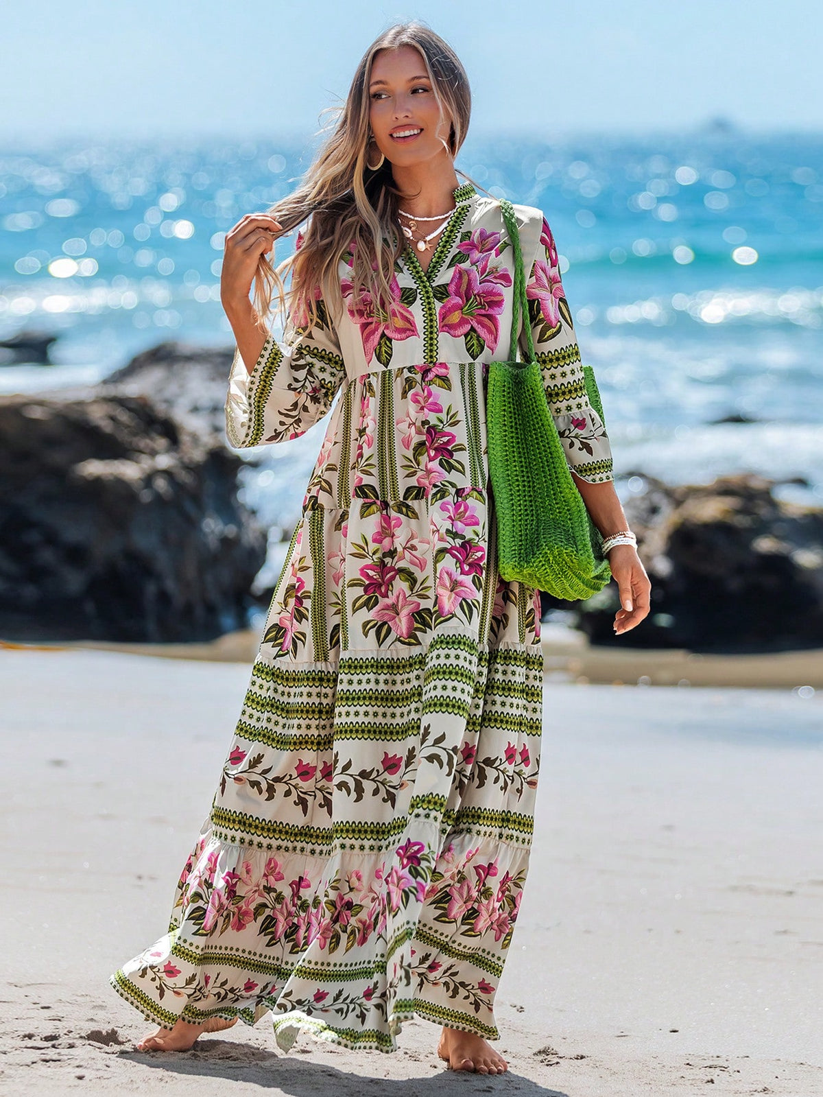 Sylviya Women's Pink Floral V-Neck Drawstring Long Sleeve Dress Summer Boho Sexy Breezy Holiday Vacation Autumn Chic Leopard Sun Dresses Beach
