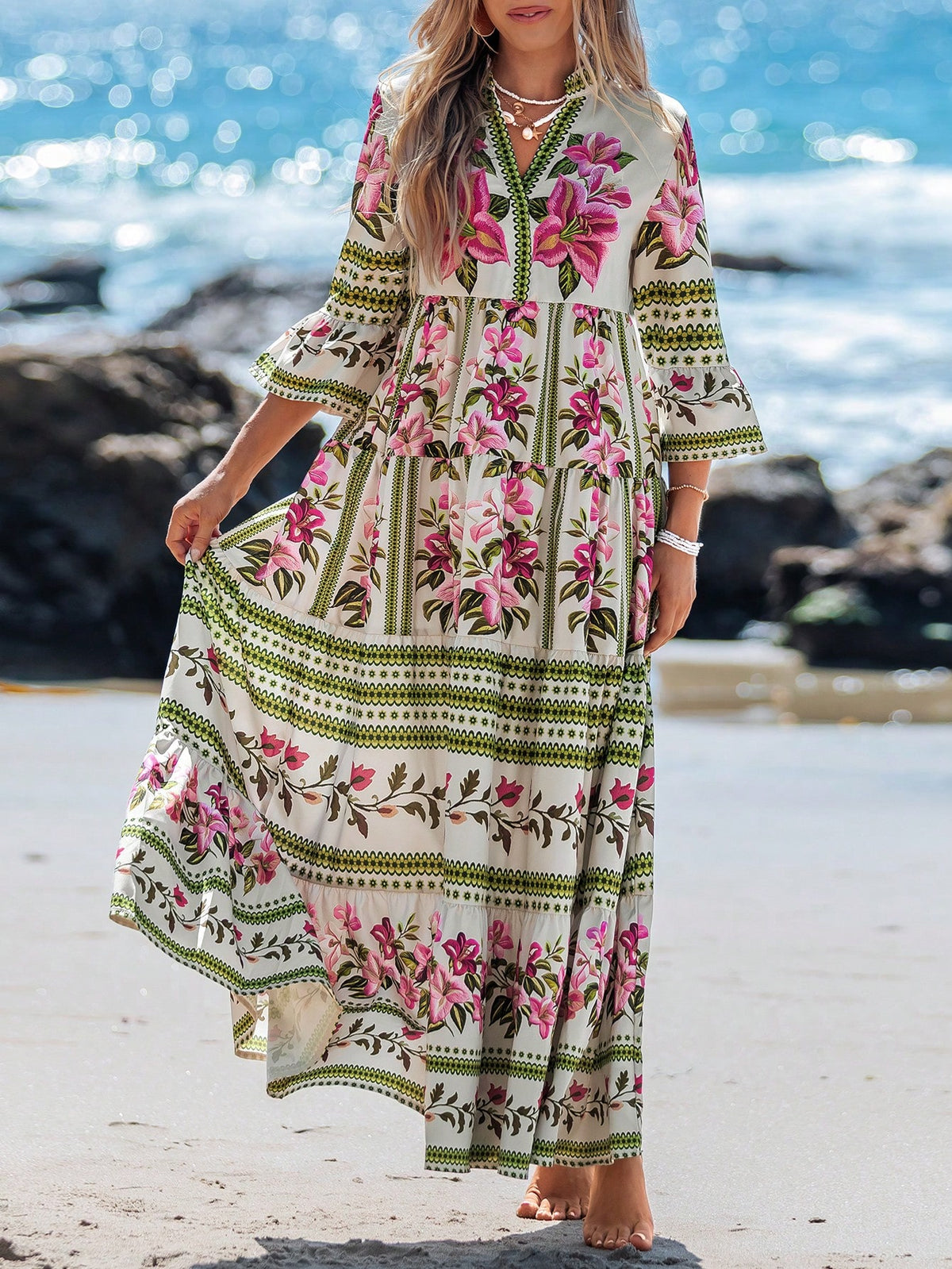 Sylviya Women's Pink Floral V-Neck Drawstring Long Sleeve Dress Summer Boho Sexy Breezy Holiday Vacation Autumn Chic Leopard Sun Dresses Beach