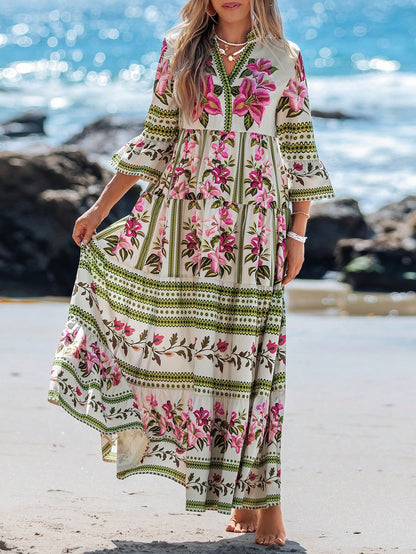 Sylviya Women's Pink Floral V-Neck Drawstring Long Sleeve Dress Summer Boho Sexy Breezy Holiday Vacation Autumn Chic Leopard Sun Dresses Beach