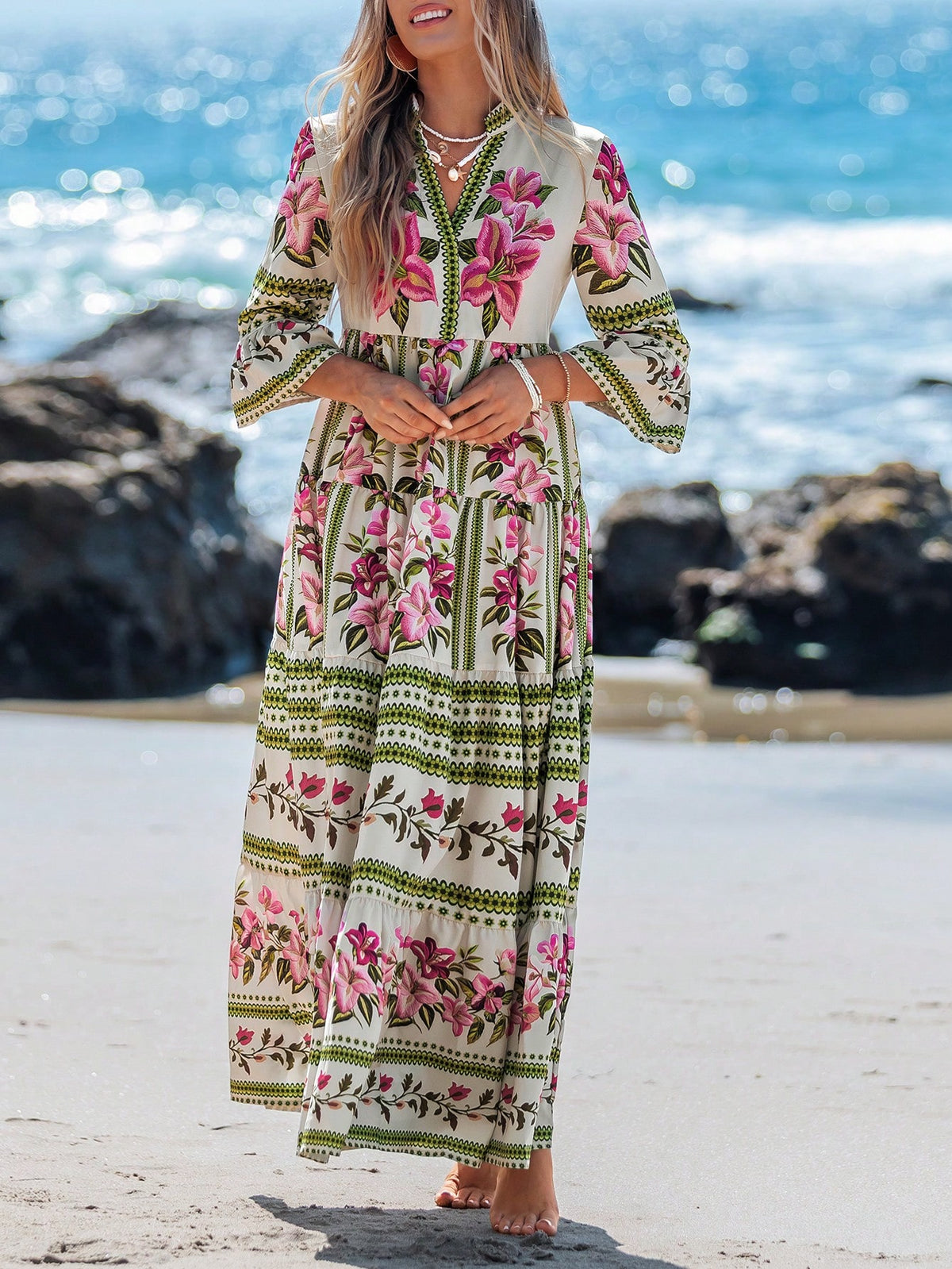 Sylviya Women's Pink Floral V-Neck Drawstring Long Sleeve Dress Summer Boho Sexy Breezy Holiday Vacation Autumn Chic Leopard Sun Dresses Beach