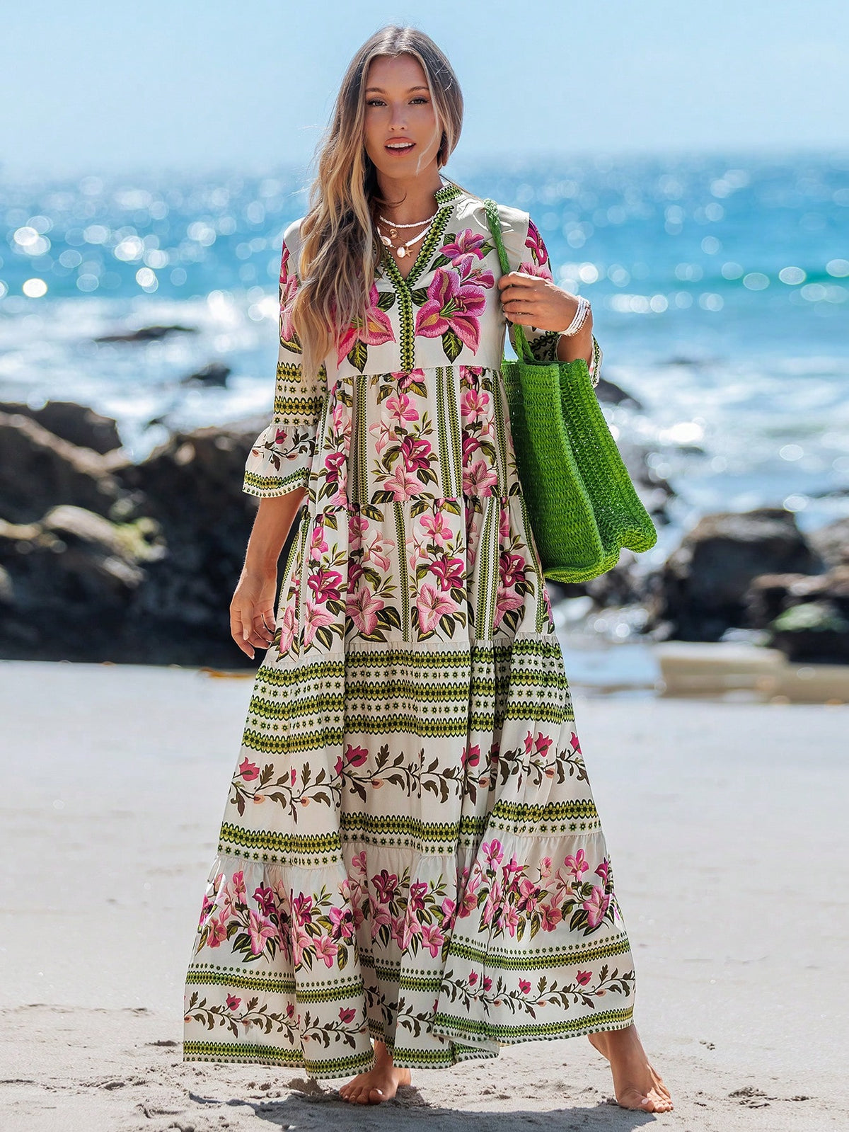 Sylviya Women's Pink Floral V-Neck Drawstring Long Sleeve Dress Summer Boho Sexy Breezy Holiday Vacation Autumn Chic Leopard Sun Dresses Beach