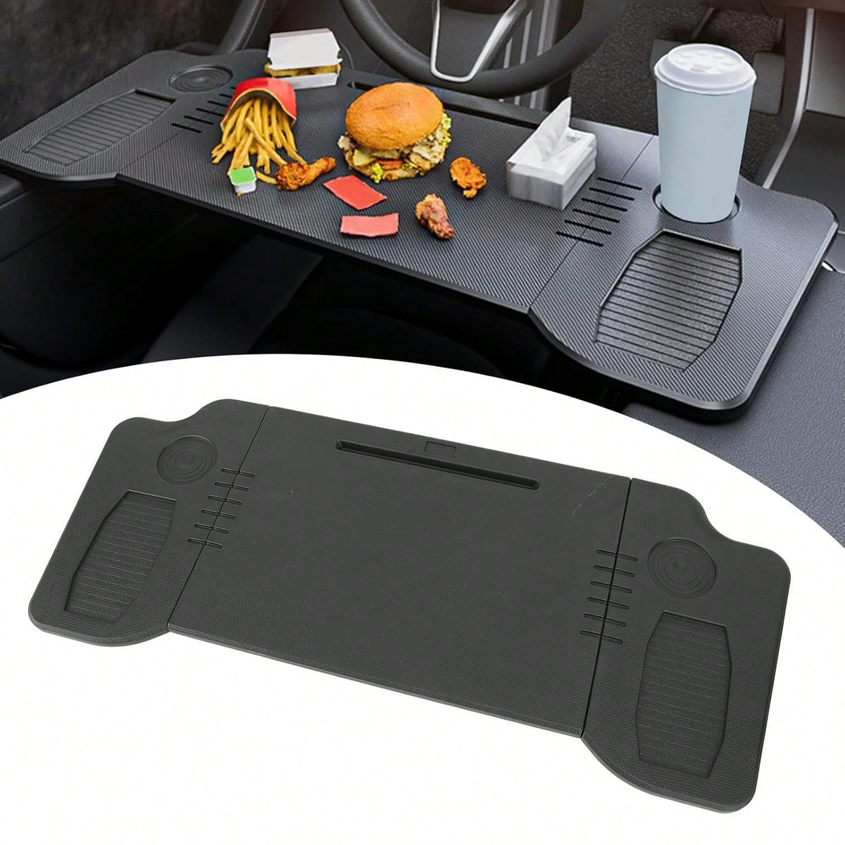 T-Esla Model 3 Model Y Car Desk, Triple Foldable Laptop Table Food Tray, Portable Full Size Car Table With Cup Holder, Multipurpose Tray For Eating Working Travel Camping Accessories