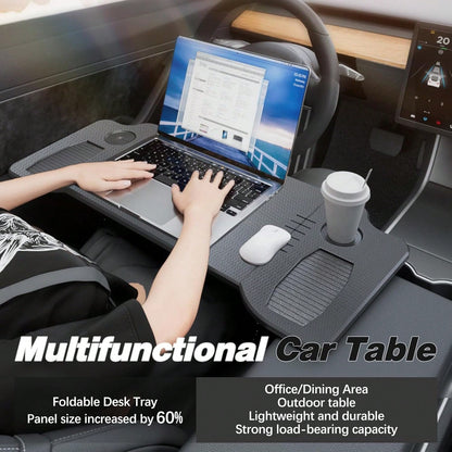 T-Esla Model 3 Model Y Car Desk, Triple Foldable Laptop Table Food Tray, Portable Full Size Car Table With Cup Holder, Multipurpose Tray For Eating Working Travel Camping Accessories