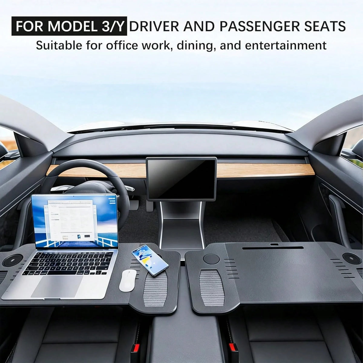 T-Esla Model 3 Model Y Car Desk, Triple Foldable Laptop Table Food Tray, Portable Full Size Car Table With Cup Holder, Multipurpose Tray For Eating Working Travel Camping Accessories