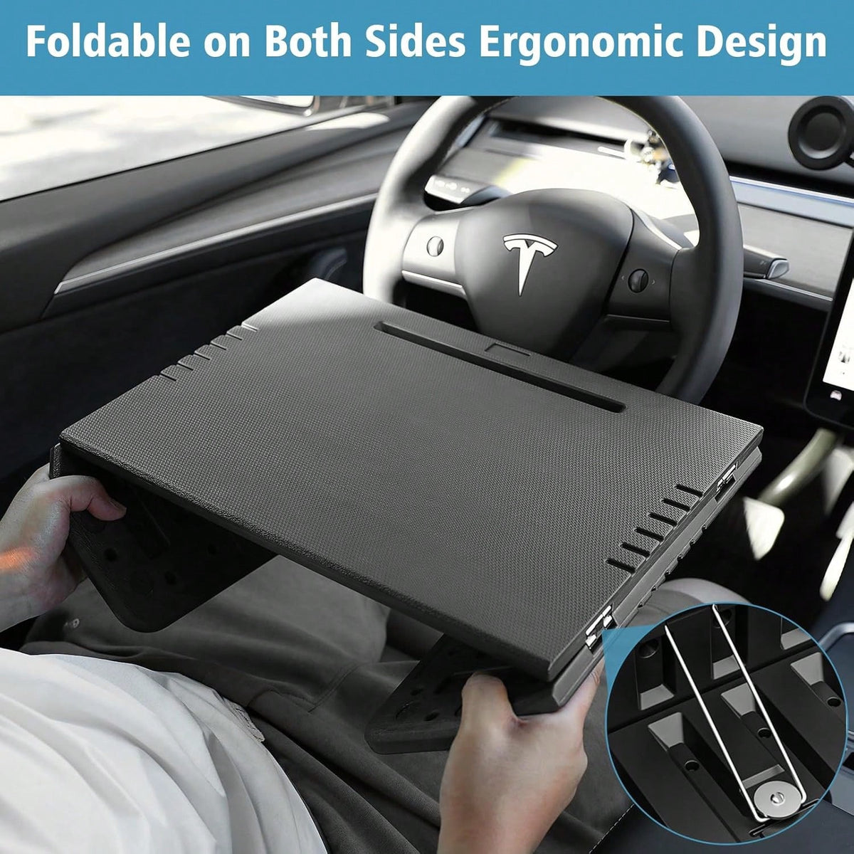 T-Esla Model 3 Model Y Car Desk, Triple Foldable Laptop Table Food Tray, Portable Full Size Car Table With Cup Holder, Multipurpose Tray For Eating Working Travel Camping Accessories