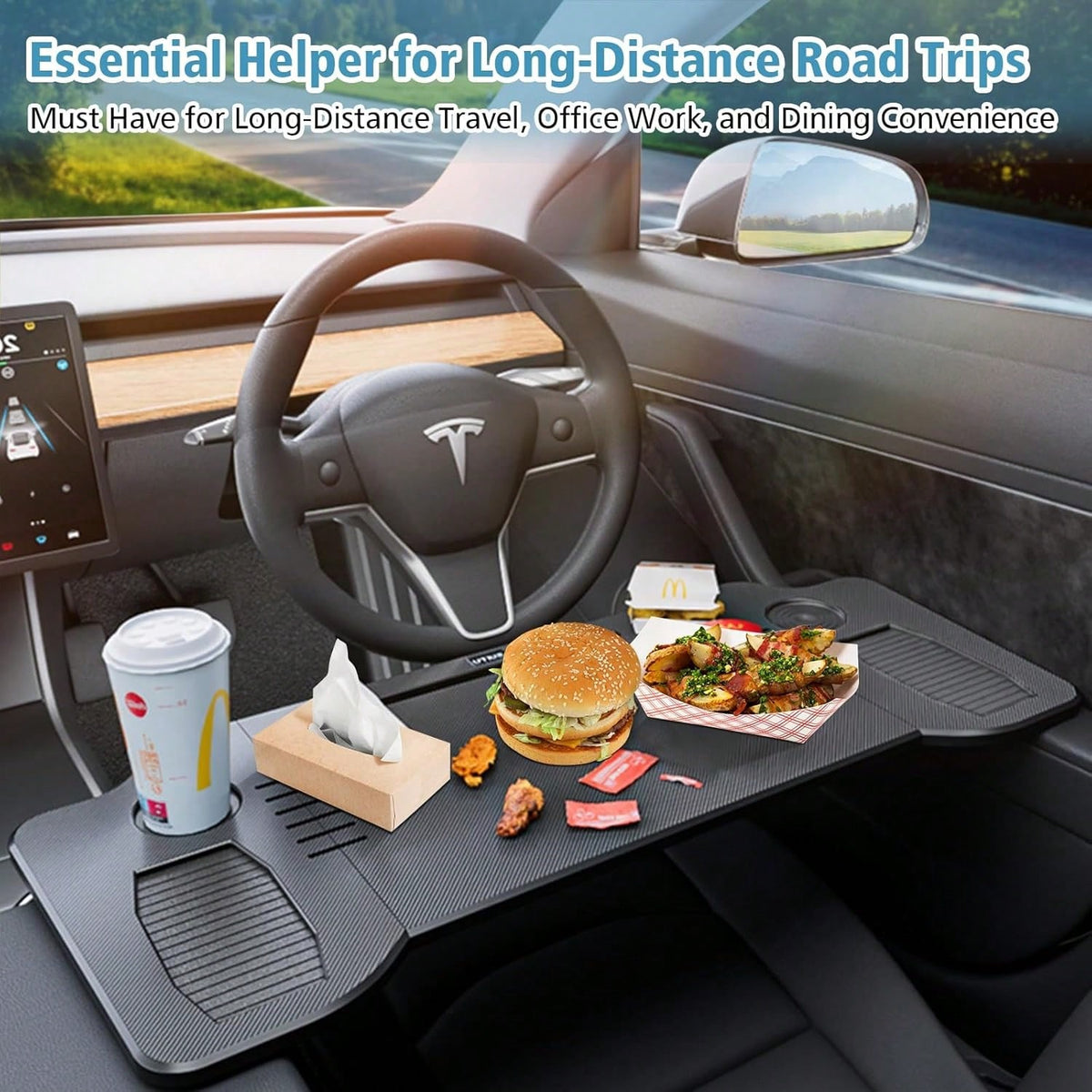 T-Esla Model 3 Model Y Car Desk, Triple Foldable Laptop Table Food Tray, Portable Full Size Car Table With Cup Holder, Multipurpose Tray For Eating Working Travel Camping Accessories