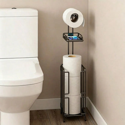 TAIMASI Freestanding Toilet Paper Holder With Storage Shelf – Metal Bathroom Organizer Holds 3 Spare Rolls, Ideal Birthday Halloween Christmas Holiday Gift