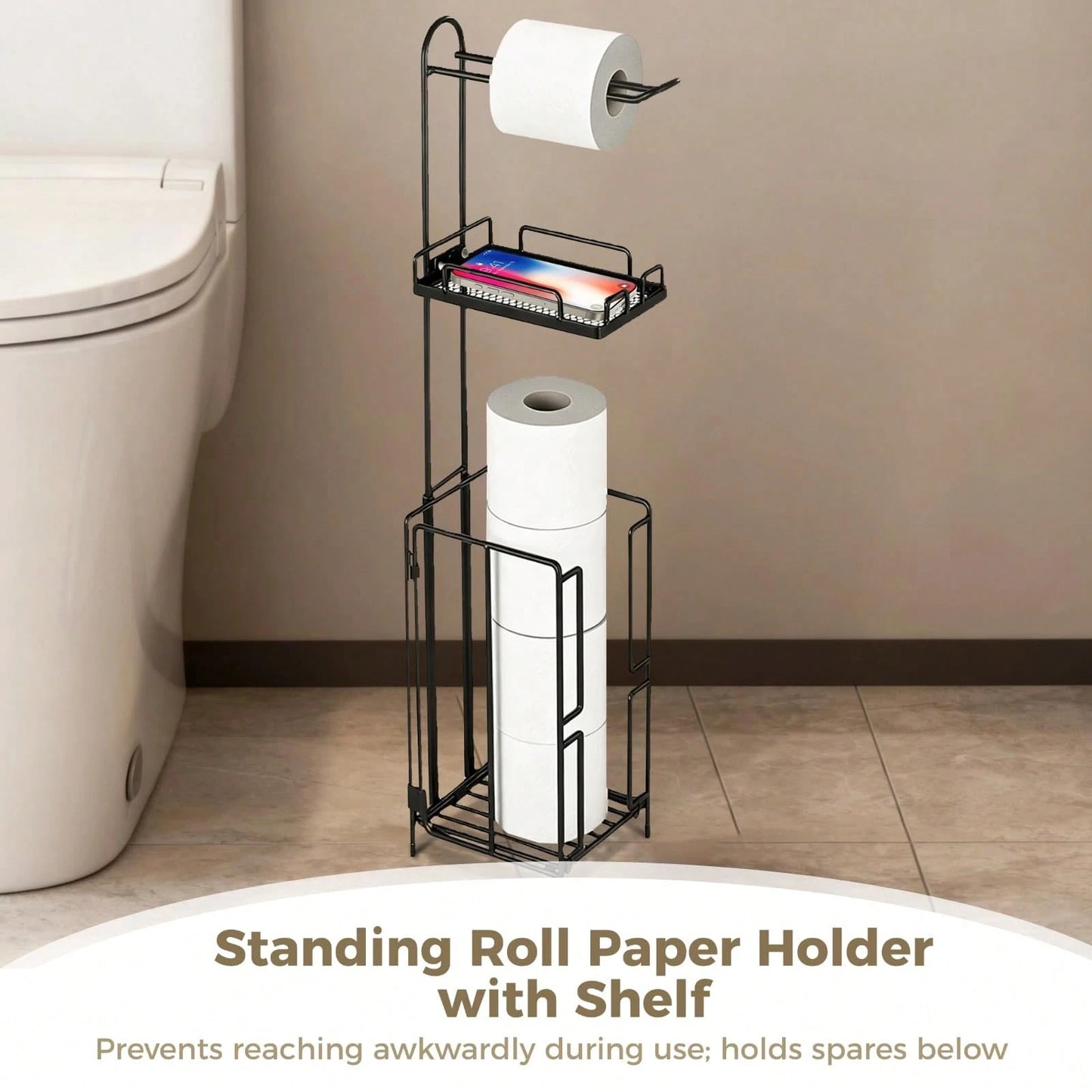 TAIMASI Freestanding Toilet Paper Holder With Storage Shelf – Metal Bathroom Organizer Holds 3 Spare Rolls, Ideal Birthday Halloween Christmas Holiday Gift