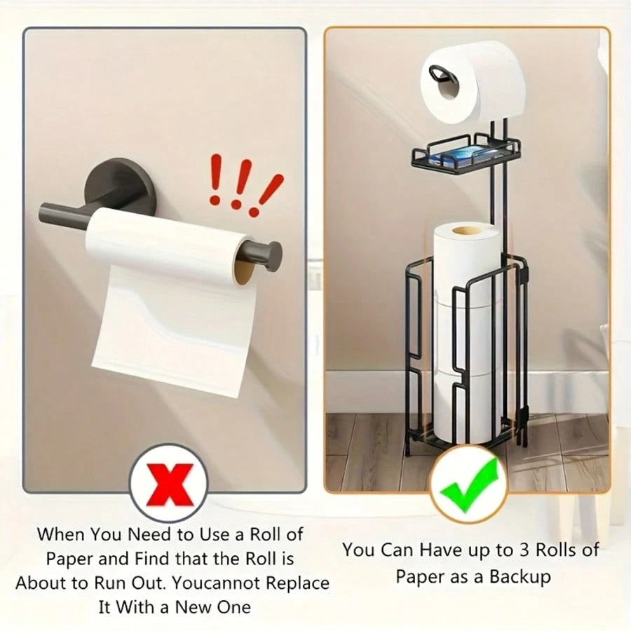 TAIMASI Freestanding Toilet Paper Holder With Storage Shelf – Metal Bathroom Organizer Holds 3 Spare Rolls, Ideal Birthday Halloween Christmas Holiday Gift