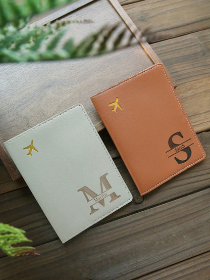 Takeoak Custom Name Initial Letter Passport Holder Laser Carving Leather Passport Cover Travel Wallet Organizer, Travel Document Holder, Blocking