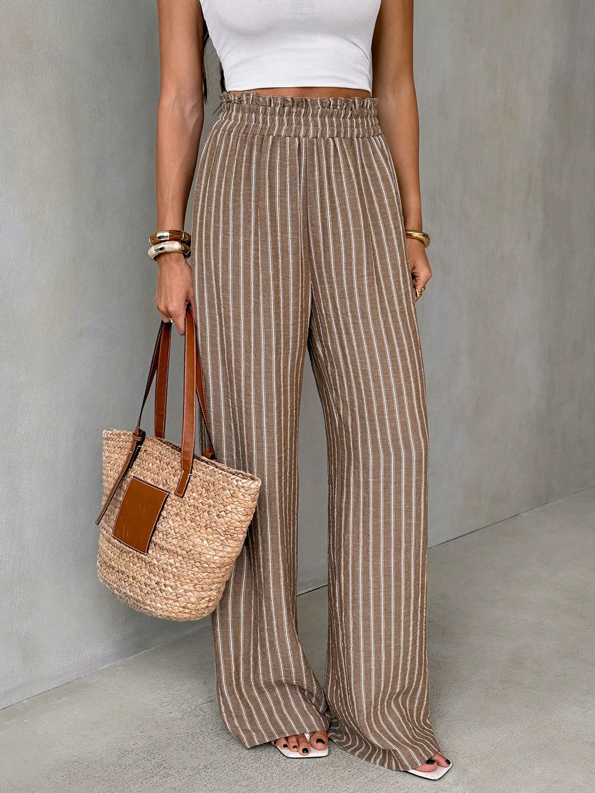 Tall Women's Autumn Boho Vacation Blue And White Stripe Pants, High-Waisted Vertical Wide-Leg Trousers, Drape Straight-Leg Casual Outfits, Tall Women