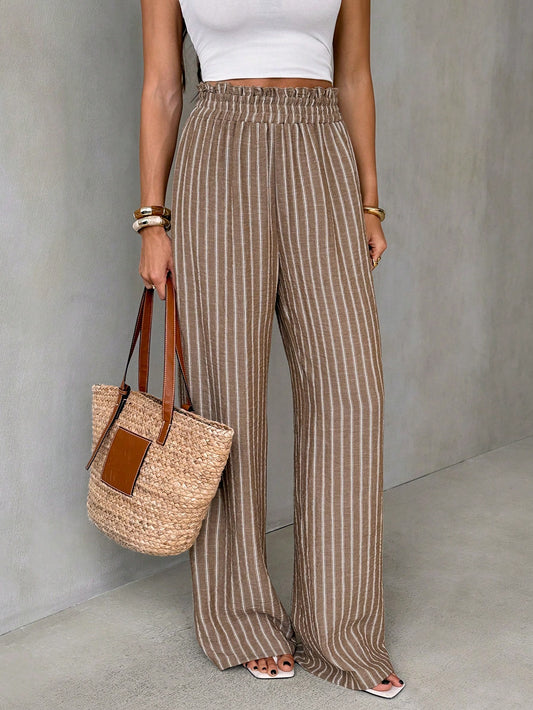 Tall Women's Autumn Boho Vacation Blue And White Stripe Pants, High-Waisted Vertical Wide-Leg Trousers, Drape Straight-Leg Casual Outfits, Tall Women
