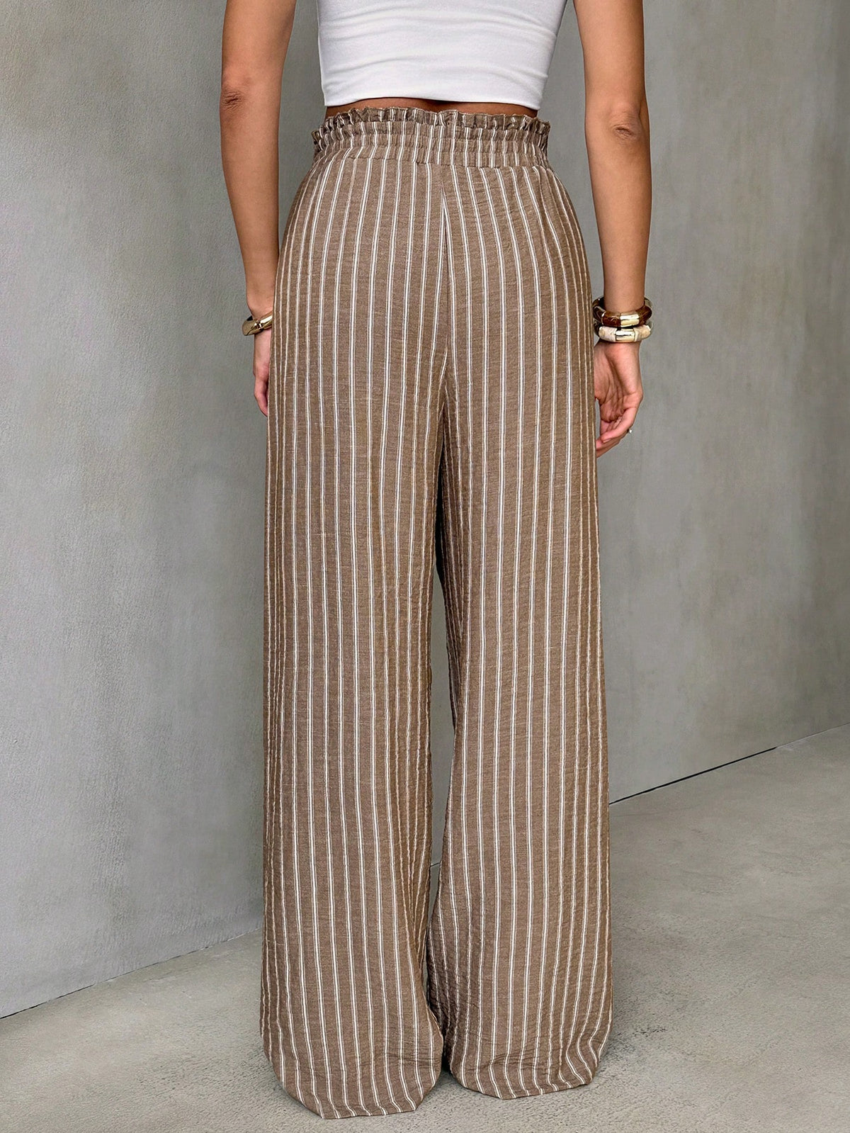 Tall Women's Autumn Boho Vacation Blue And White Stripe Pants, High-Waisted Vertical Wide-Leg Trousers, Drape Straight-Leg Casual Outfits, Tall Women