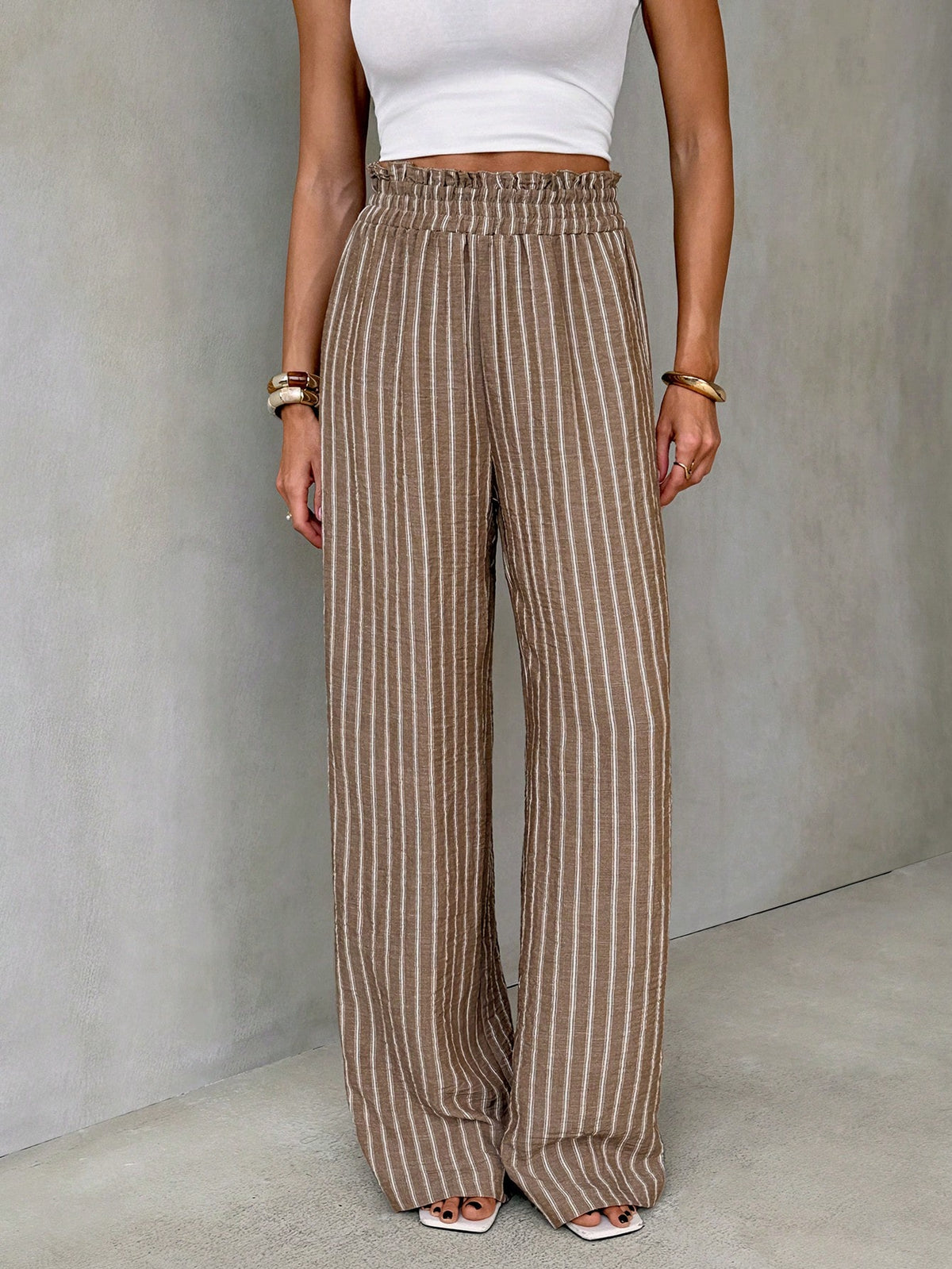 Tall Women's Autumn Boho Vacation Blue And White Stripe Pants, High-Waisted Vertical Wide-Leg Trousers, Drape Straight-Leg Casual Outfits, Tall Women