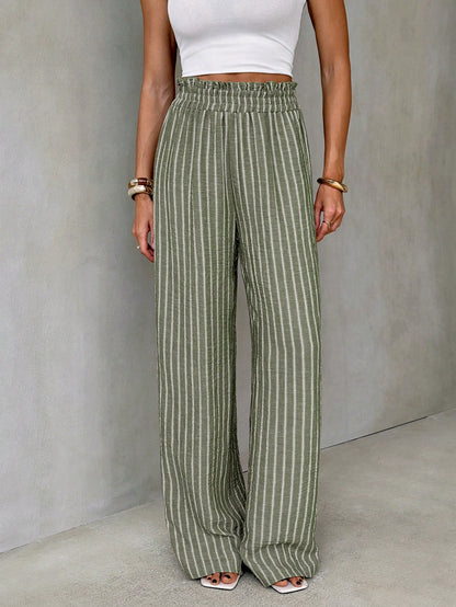 Tall Women's Autumn Boho Vacation Blue And White Stripe Pants, High-Waisted Vertical Wide-Leg Trousers, Drape Straight-Leg Casual Outfits, Tall Women