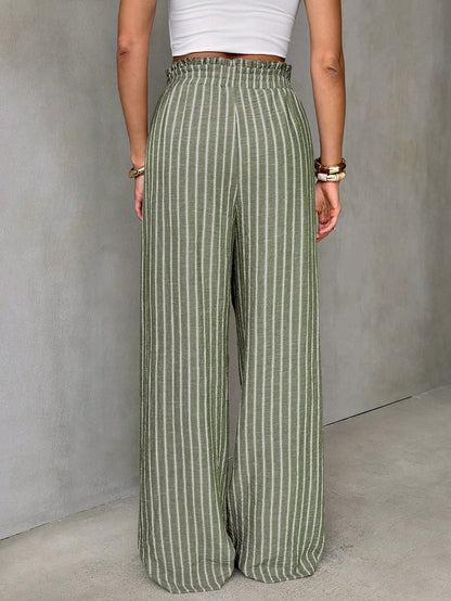 Tall Women's Autumn Boho Vacation Blue And White Stripe Pants, High-Waisted Vertical Wide-Leg Trousers, Drape Straight-Leg Casual Outfits, Tall Women