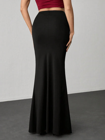 Tall Women's Elastic Waist Extra Long Mermaid Skirt, Elegant Sexy Solid Color, Tall Women Party Night Black Autumn