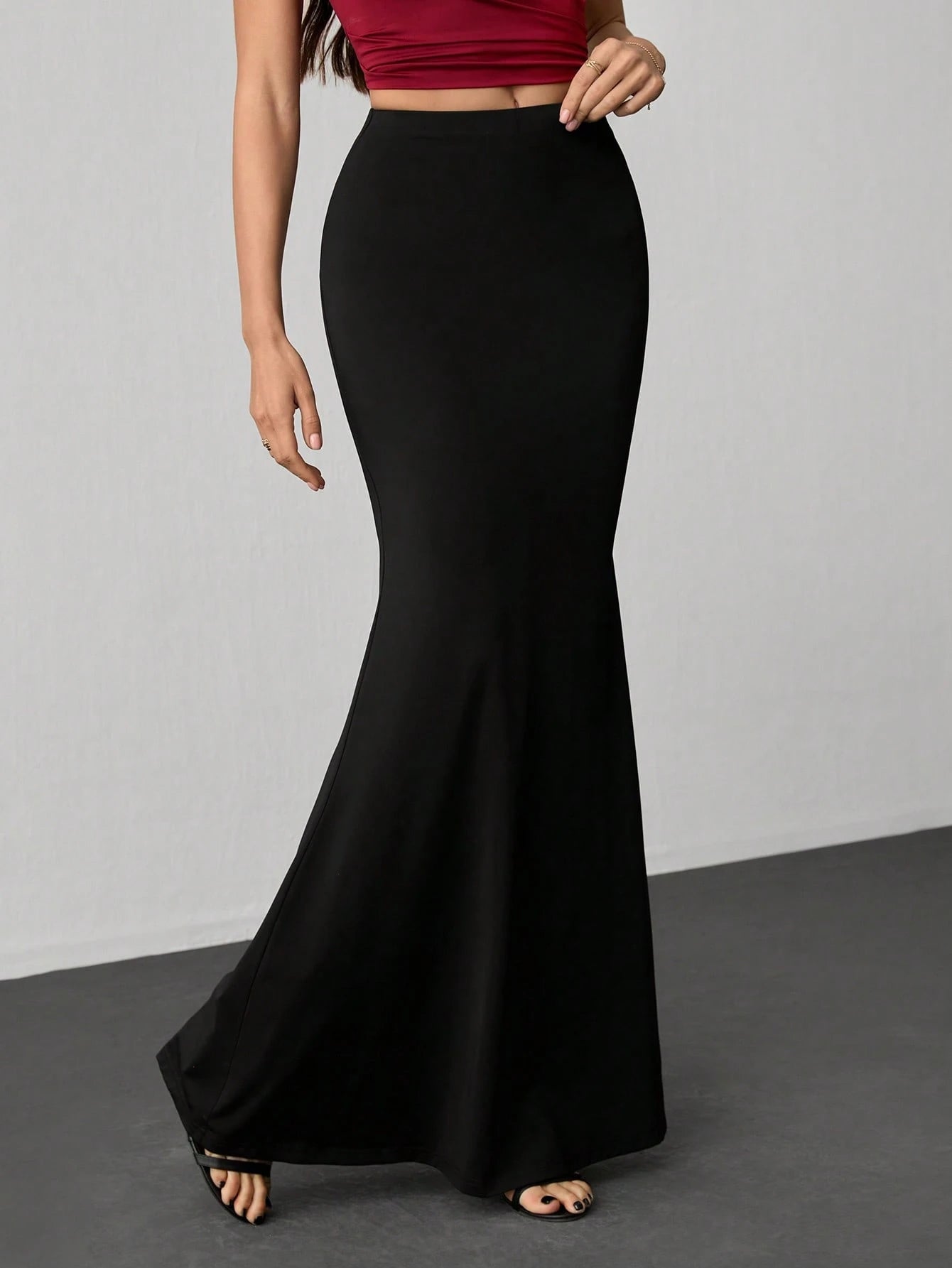Tall Women's Elastic Waist Extra Long Mermaid Skirt, Elegant Sexy Solid Color, Tall Women Party Night Black Autumn