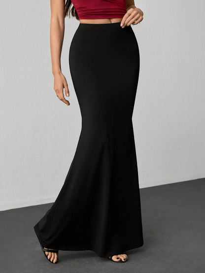 Tall Women's Elastic Waist Extra Long Mermaid Skirt, Elegant Sexy Solid Color, Tall Women Party Night Black Autumn