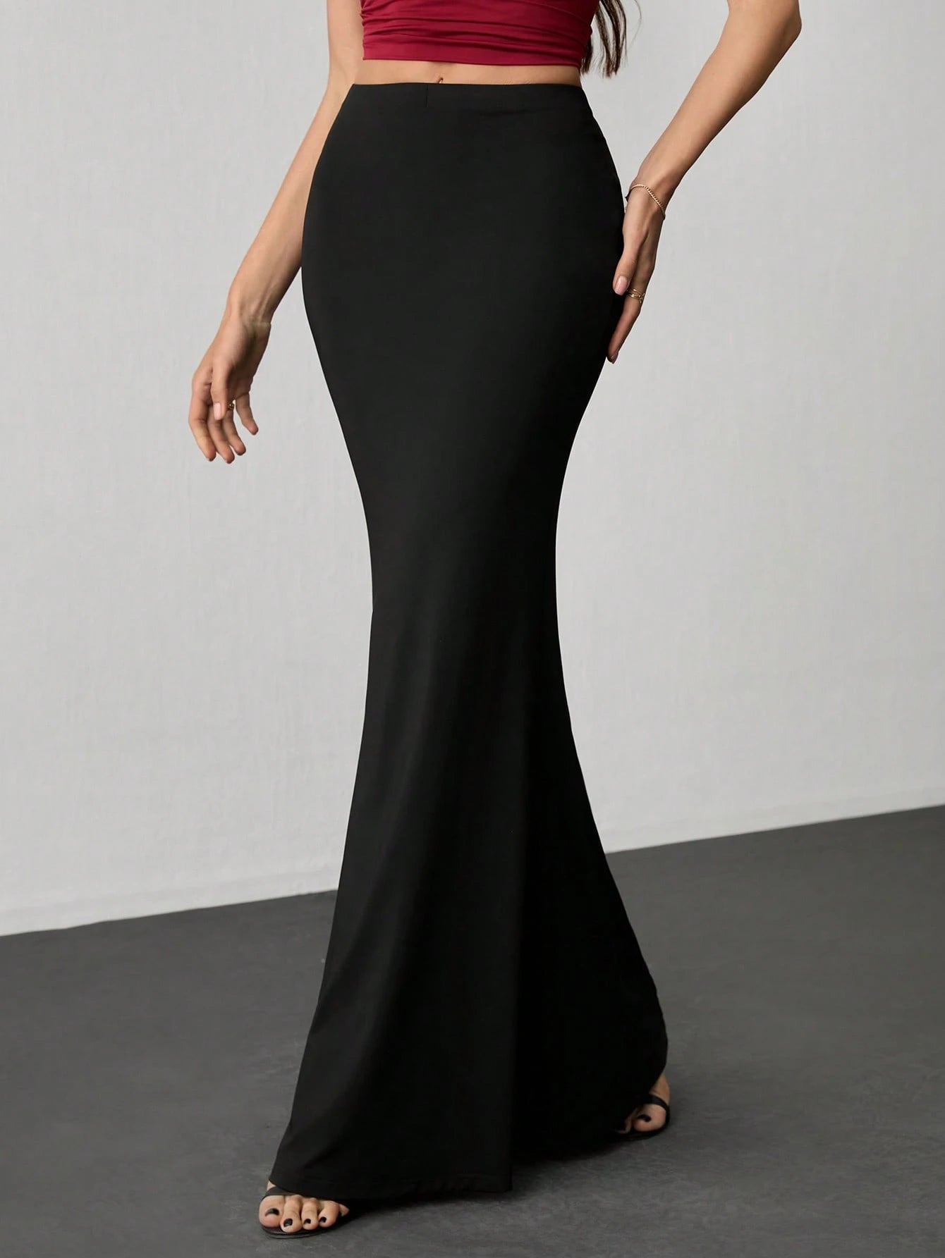 Tall Women's Elastic Waist Extra Long Mermaid Skirt, Elegant Sexy Solid Color, Tall Women Party Night Black Autumn