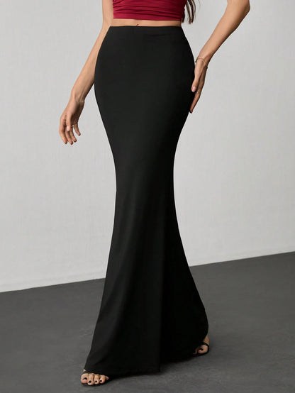 Tall Women's Elastic Waist Extra Long Mermaid Skirt, Elegant Sexy Solid Color, Tall Women Party Night Black Autumn
