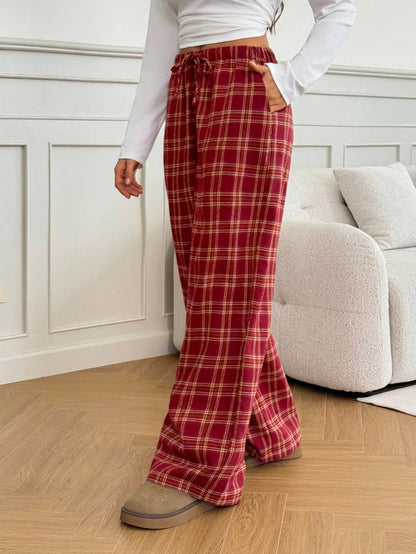 Tall Women's Red Checked Plaid Drawstring Straight-Leg Loose Casual Pants,Winter Home Back-To-School Christmas Pajamas,Holiday Wide-Leg New Year Clothing, Tall Women